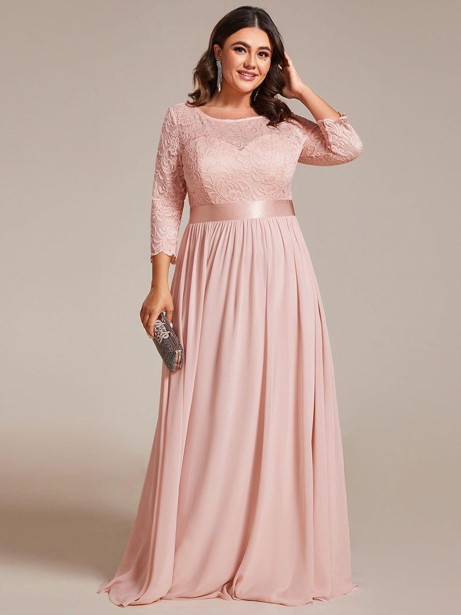 See-Through Floor Length Lace Chiffon Evening Dress with Half Sleeve - Pink See-Through Floor Length Lace Chiffon Evening Dress with Half Sleeve - Pink