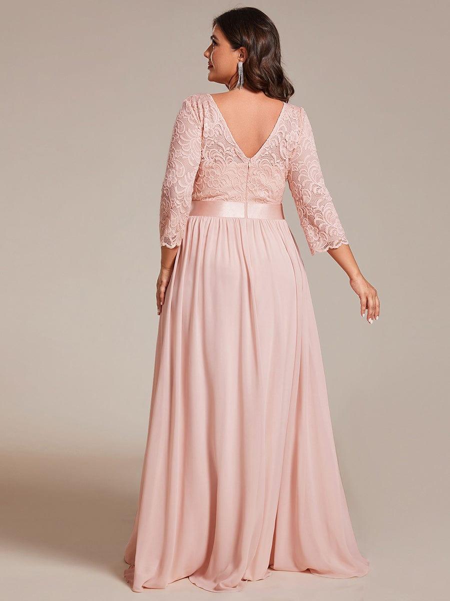 See-Through Floor Length Lace Chiffon Evening Dress with Half Sleeve - Pink See-Through Floor Length Lace Chiffon Evening Dress with Half Sleeve - Pink