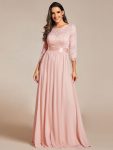 See-Through Floor Length Lace Chiffon Evening Dress with Half Sleeve – Pink
