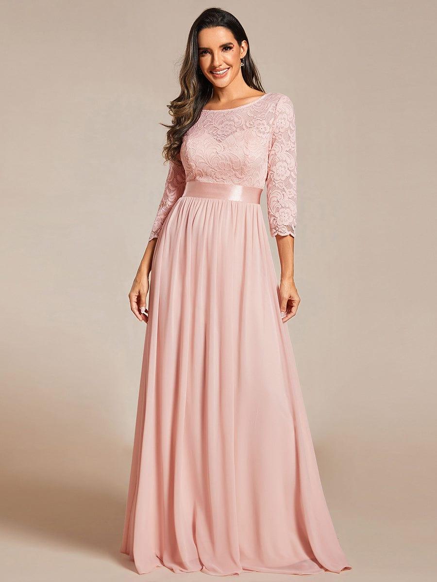 See-Through Floor Length Lace Chiffon Evening Dress with Half Sleeve - Pink See-Through Floor Length Lace Chiffon Evening Dress with Half Sleeve - Pink