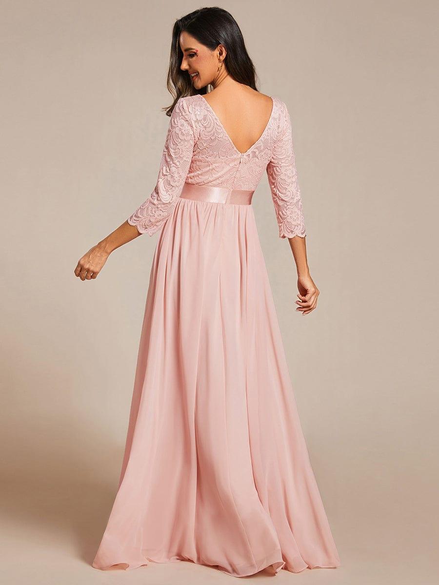 See-Through Floor Length Lace Chiffon Evening Dress with Half Sleeve - Pink See-Through Floor Length Lace Chiffon Evening Dress with Half Sleeve - Pink