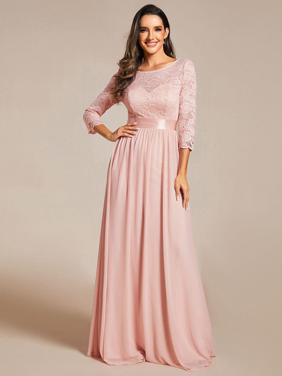 See-Through Floor Length Lace Chiffon Evening Dress with Half Sleeve - Pink See-Through Floor Length Lace Chiffon Evening Dress with Half Sleeve - Pink