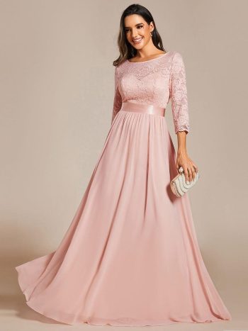 See-Through Floor Length Lace Chiffon Evening Dress with Half Sleeve - Pink