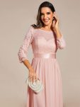 See-Through Floor Length Lace Chiffon Evening Dress with Half Sleeve – Pink