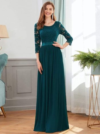 See-Through Floor Length Lace Chiffon Evening Dress with Half Sleeve - Teal