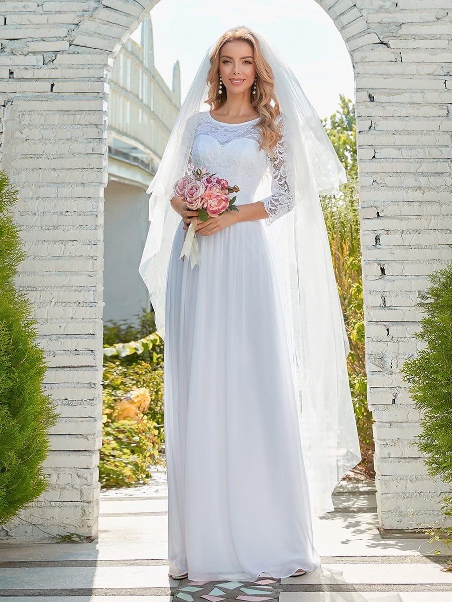 See-Through Floor Length Lace Chiffon Evening Dress with Half Sleeve - White See-Through Floor Length Lace Chiffon Evening Dress with Half Sleeve - White