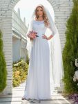 See-Through Floor Length Lace Chiffon Evening Dress with Half Sleeve – White