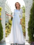 See-Through Floor Length Lace Chiffon Evening Dress with Half Sleeve – White