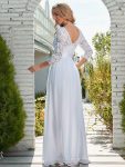 See-Through Floor Length Lace Chiffon Evening Dress with Half Sleeve – White