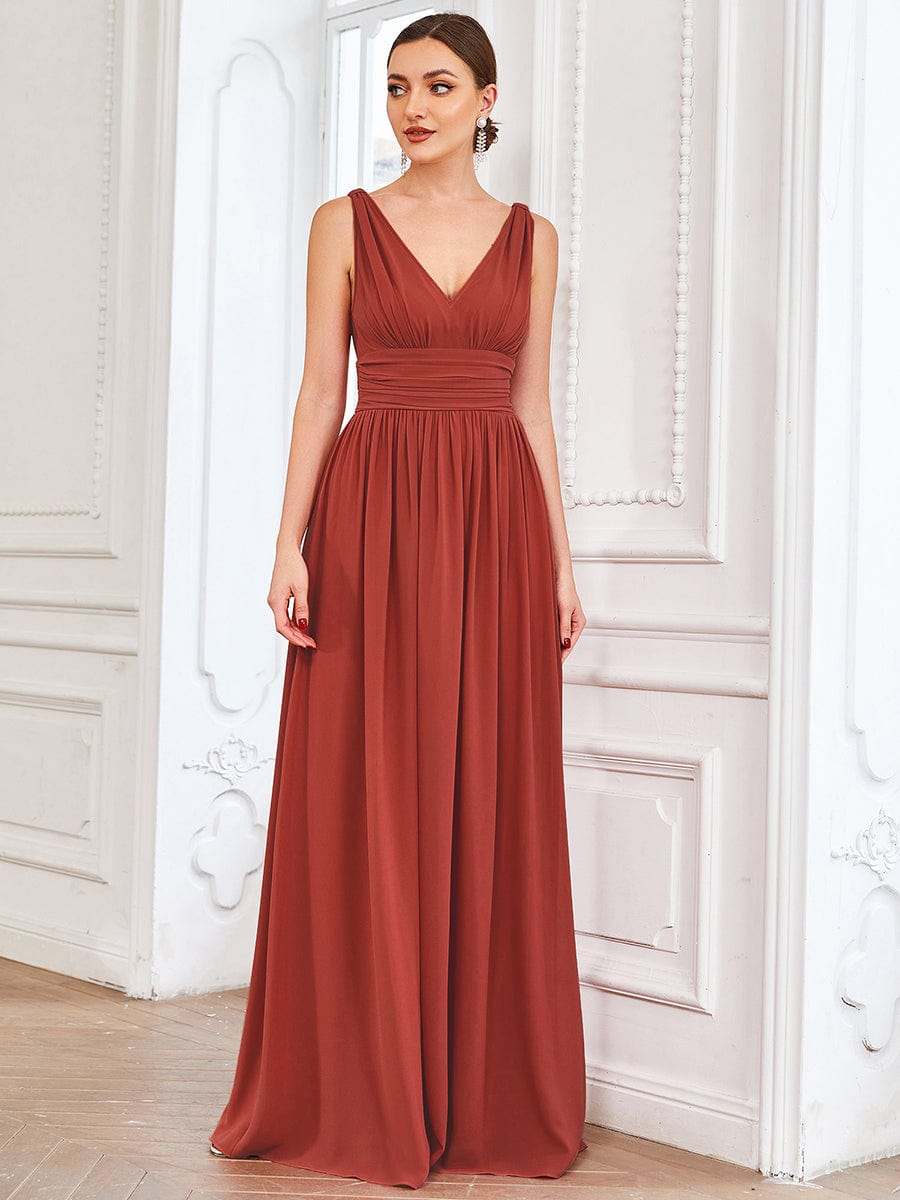 Chiffon Empire Waist Sleeveless Pleated V-neck Bridesmaid Dress - Vermilion Chiffon Empire Waist Sleeveless Pleated V-neck Bridesmaid Dress - Vermilion