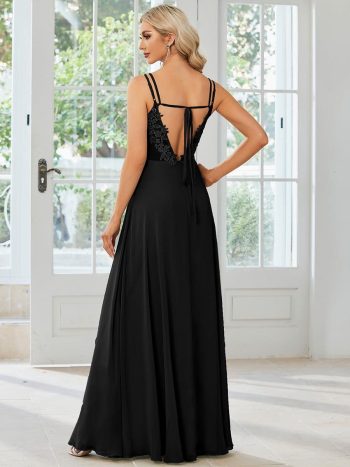 Convertible Chiffon Lace Open Back Spaghetti Straps Bridesmaid Dress - Black