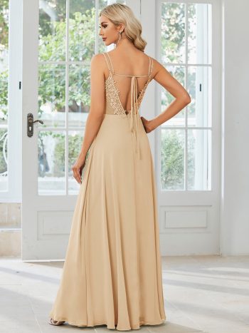 Convertible Chiffon Lace Open Back Spaghetti Straps Bridesmaid Dress - Champagne
