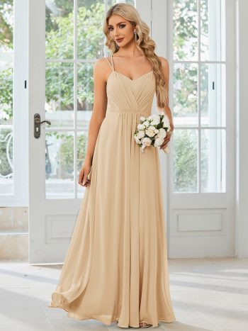 Convertible Chiffon Lace Open Back Spaghetti Straps Bridesmaid Dress - Champagne