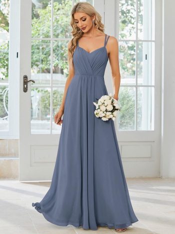 Convertible Chiffon Lace Open Back Spaghetti Straps Bridesmaid Dress - Dusty Blue