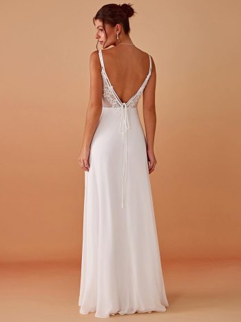 Convertible Chiffon Lace Open Back Spaghetti Straps Bridesmaid Dress - White