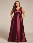 V-neck Empire Waist Satin Maxi Bridesmaid Dress with Pockets – Burgundy