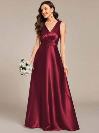 Double V-neck Satin Maxi Formal Dress with Pockets - Burgundy