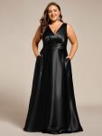 V-neck Empire Waist Satin Maxi Bridesmaid Dress with Pockets – Black