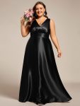 Double V-neck Satin Maxi Formal Dress with Pockets – Black