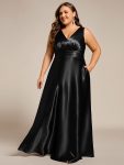 Double V-neck Satin Maxi Formal Dress with Pockets – Black