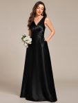 V-neck Empire Waist Satin Maxi Bridesmaid Dress with Pockets – Black