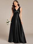 Double V-neck Satin Maxi Formal Dress with Pockets – Black