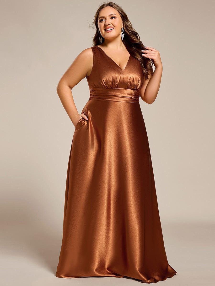 Double V-neck Satin Maxi Formal Dress with Pockets - Copper Double V-neck Satin Maxi Formal Dress with Pockets - Copper