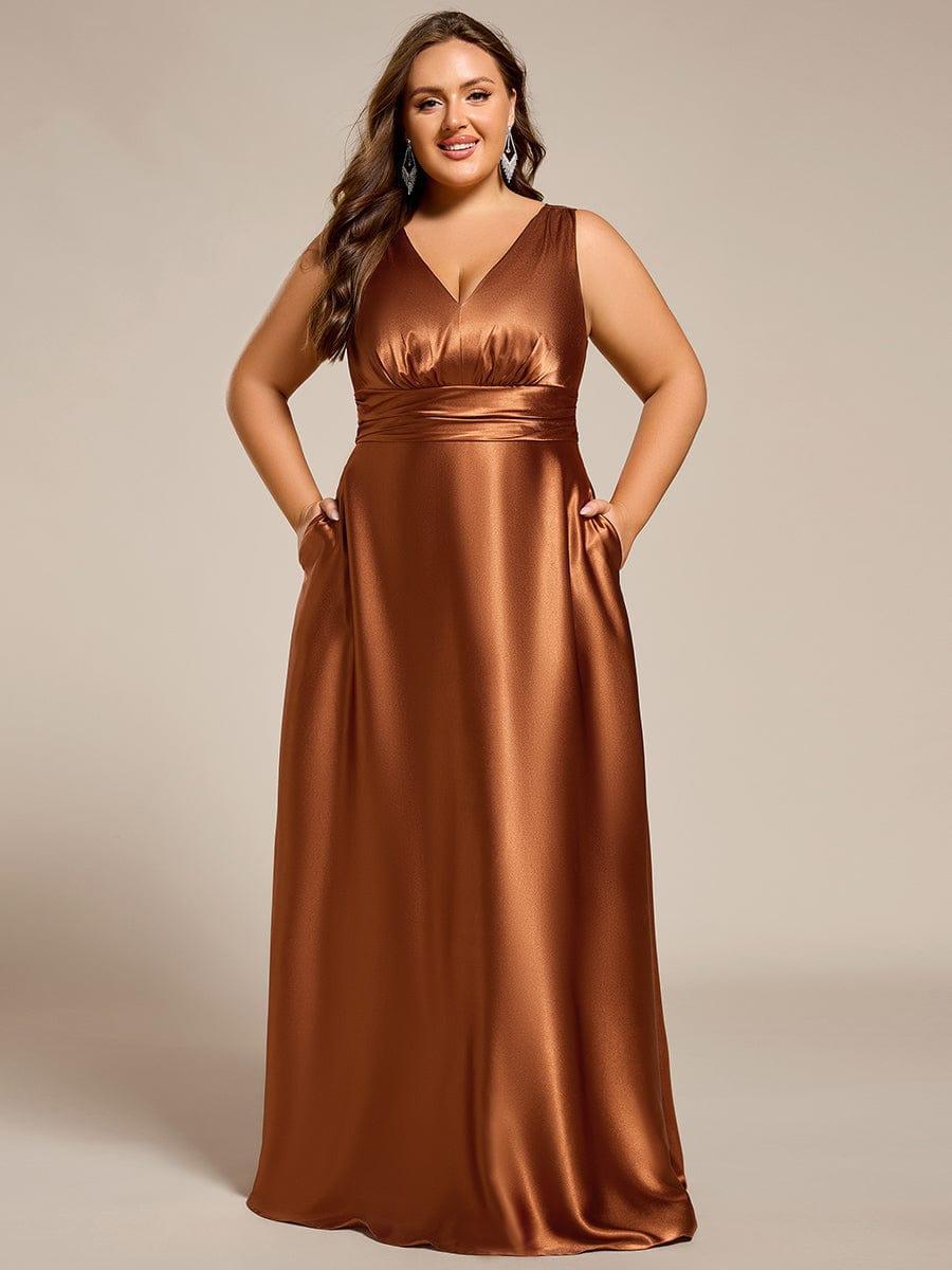 Double V-neck Satin Maxi Formal Dress with Pockets - Copper Double V-neck Satin Maxi Formal Dress with Pockets - Copper