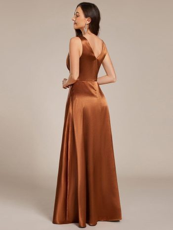 Double V-neck Satin Maxi Formal Dress with Pockets - Copper