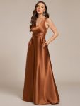 Double V-neck Satin Maxi Formal Dress with Pockets – Copper
