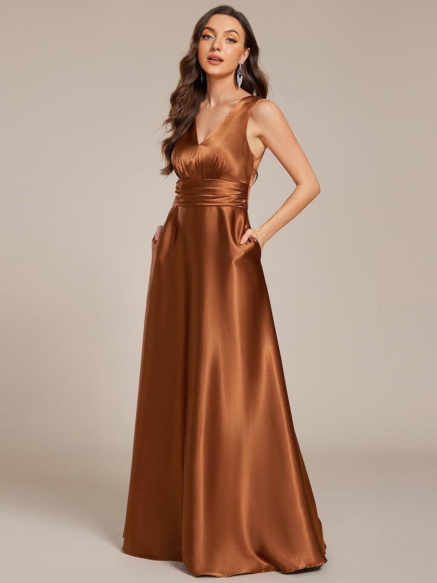 Double V-neck Satin Maxi Formal Dress with Pockets - Copper Double V-neck Satin Maxi Formal Dress with Pockets - Copper