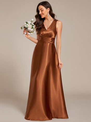 Double V-neck Satin Maxi Formal Dress with Pockets - Copper