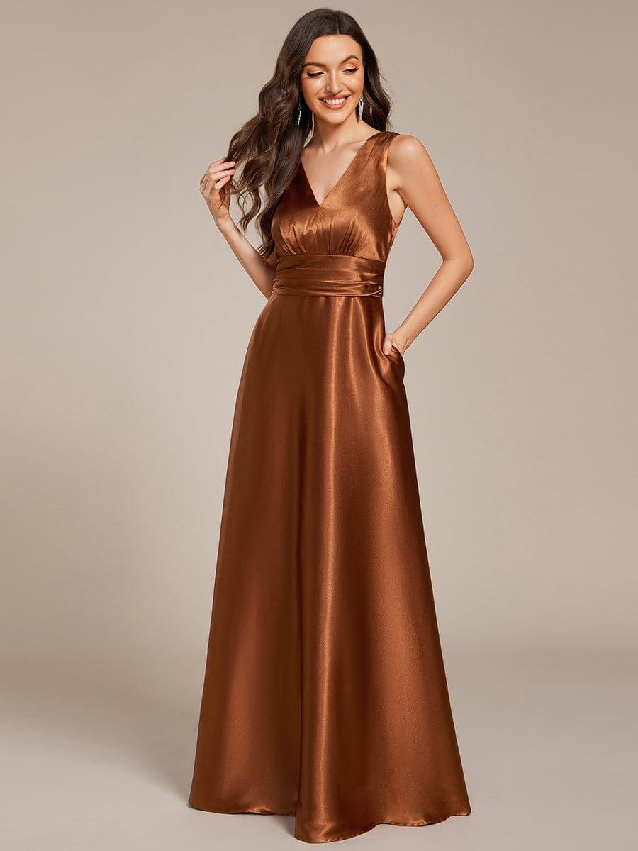 Double V-neck Satin Maxi Formal Dress with Pockets - Copper Double V-neck Satin Maxi Formal Dress with Pockets - Copper