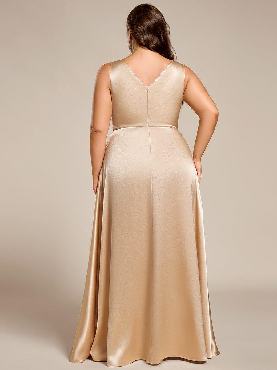 Double V-neck Satin Maxi Formal Dress with Pockets - Champagne Double V-neck Satin Maxi Formal Dress with Pockets - Champagne