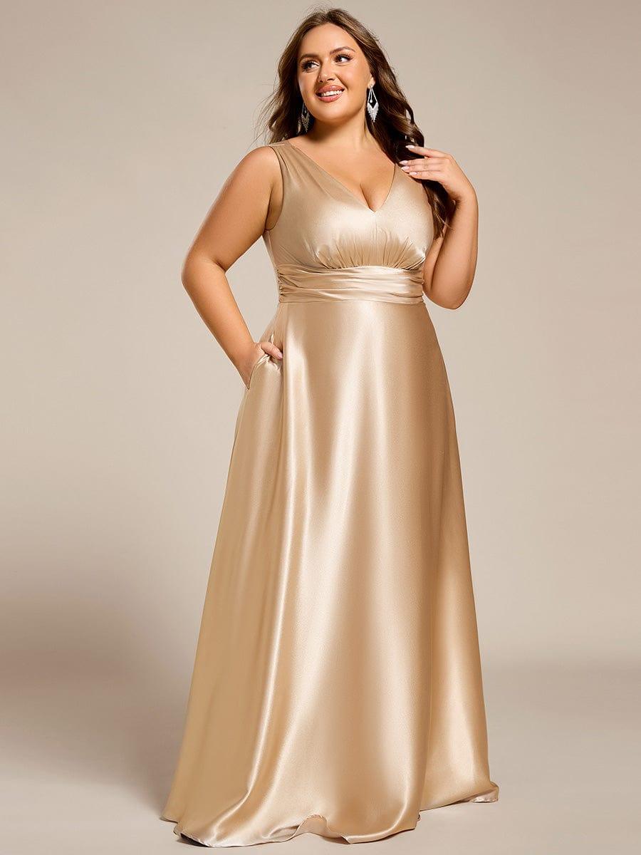 Double V-neck Satin Maxi Formal Dress with Pockets - Champagne Double V-neck Satin Maxi Formal Dress with Pockets - Champagne