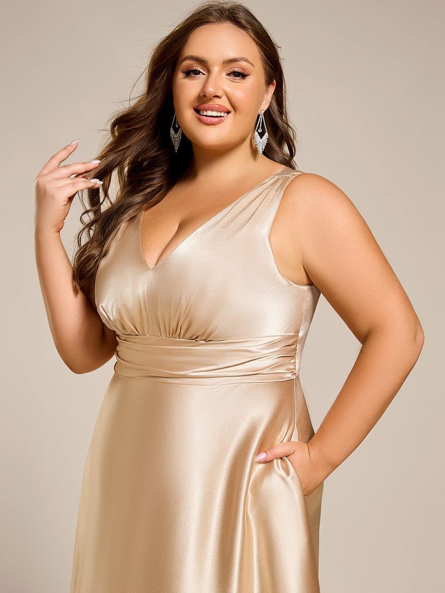 V-neck Empire Waist Satin Maxi Bridesmaid Dress with Pockets - Champagne V-neck Empire Waist Satin Maxi Bridesmaid Dress with Pockets - Champagne