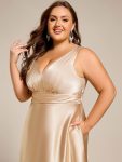 Double V-neck Satin Maxi Formal Dress with Pockets – Champagne