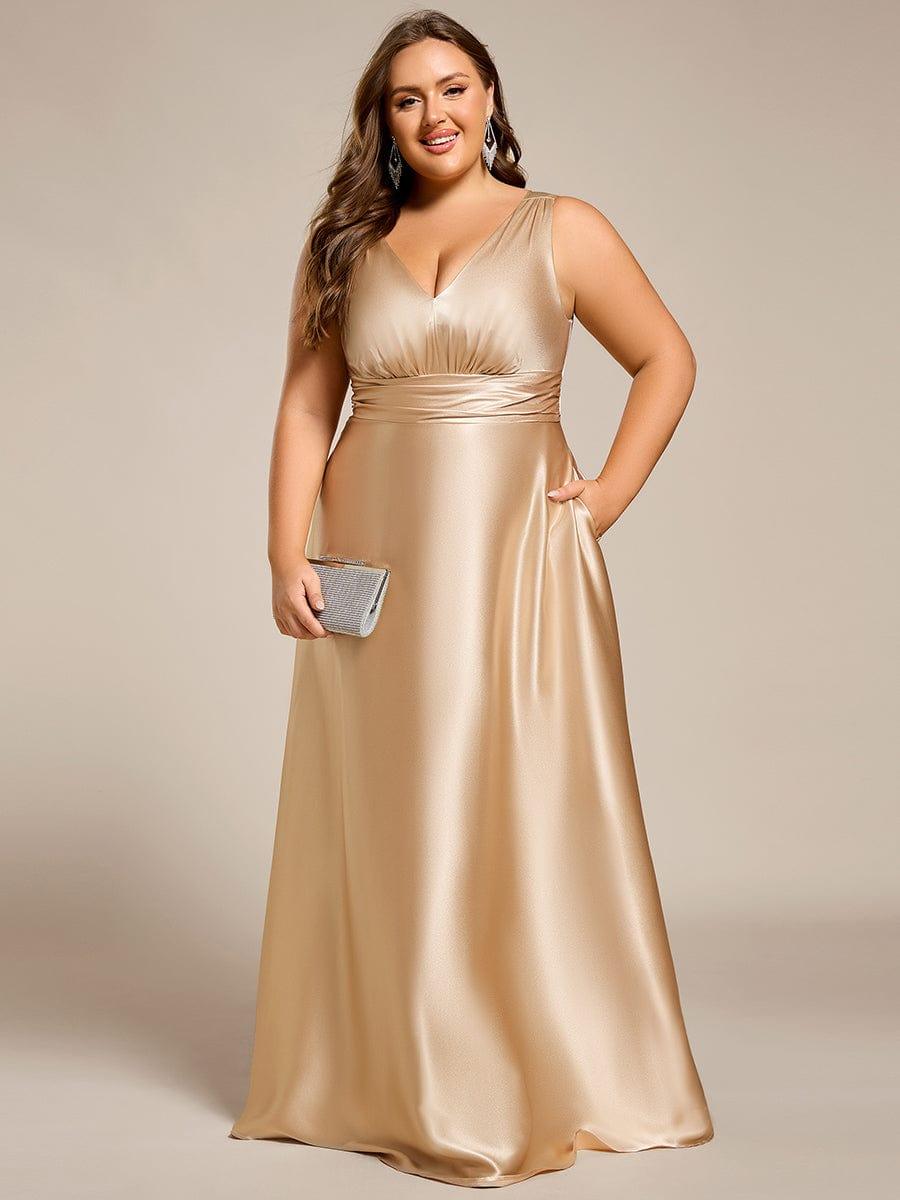 Double V-neck Satin Maxi Formal Dress with Pockets - Champagne Double V-neck Satin Maxi Formal Dress with Pockets - Champagne