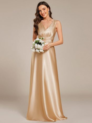 V-neck Empire Waist Satin Maxi Bridesmaid Dress with Pockets - Champagne
