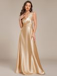 Double V-neck Satin Maxi Formal Dress with Pockets - Champagne