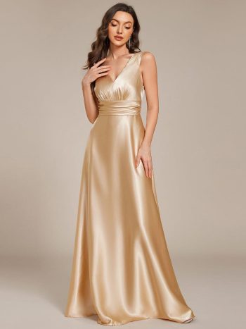 Double V-neck Satin Maxi Formal Dress with Pockets - Champagne