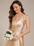 V-neck Empire Waist Satin Maxi Bridesmaid Dress with Pockets – Champagne