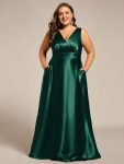V-neck Empire Waist Satin Maxi Bridesmaid Dress with Pockets – Dark Green