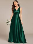 V-neck Empire Waist Satin Maxi Bridesmaid Dress with Pockets - Dark Green