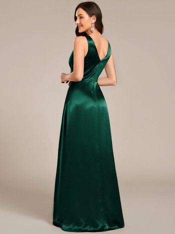 V-neck Empire Waist Satin Maxi Bridesmaid Dress with Pockets - Dark Green