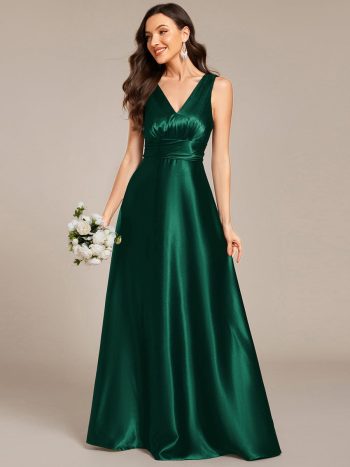 Double V-neck Satin Maxi Formal Dress with Pockets - Dark Green