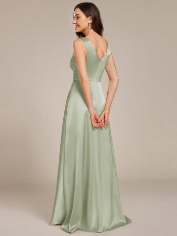 V-neck Empire Waist Satin Maxi Bridesmaid Dress with Pockets - Mint Green