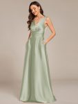 V-neck Empire Waist Satin Maxi Bridesmaid Dress with Pockets – Mint Green