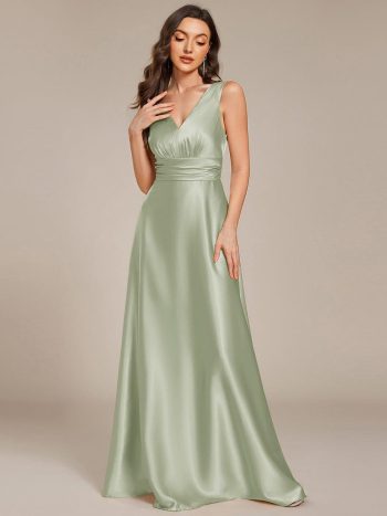 Double V-neck Satin Maxi Formal Dress with Pockets - Mint Green