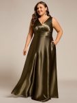 V-neck Empire Waist Satin Maxi Bridesmaid Dress with Pockets – Olive Green
